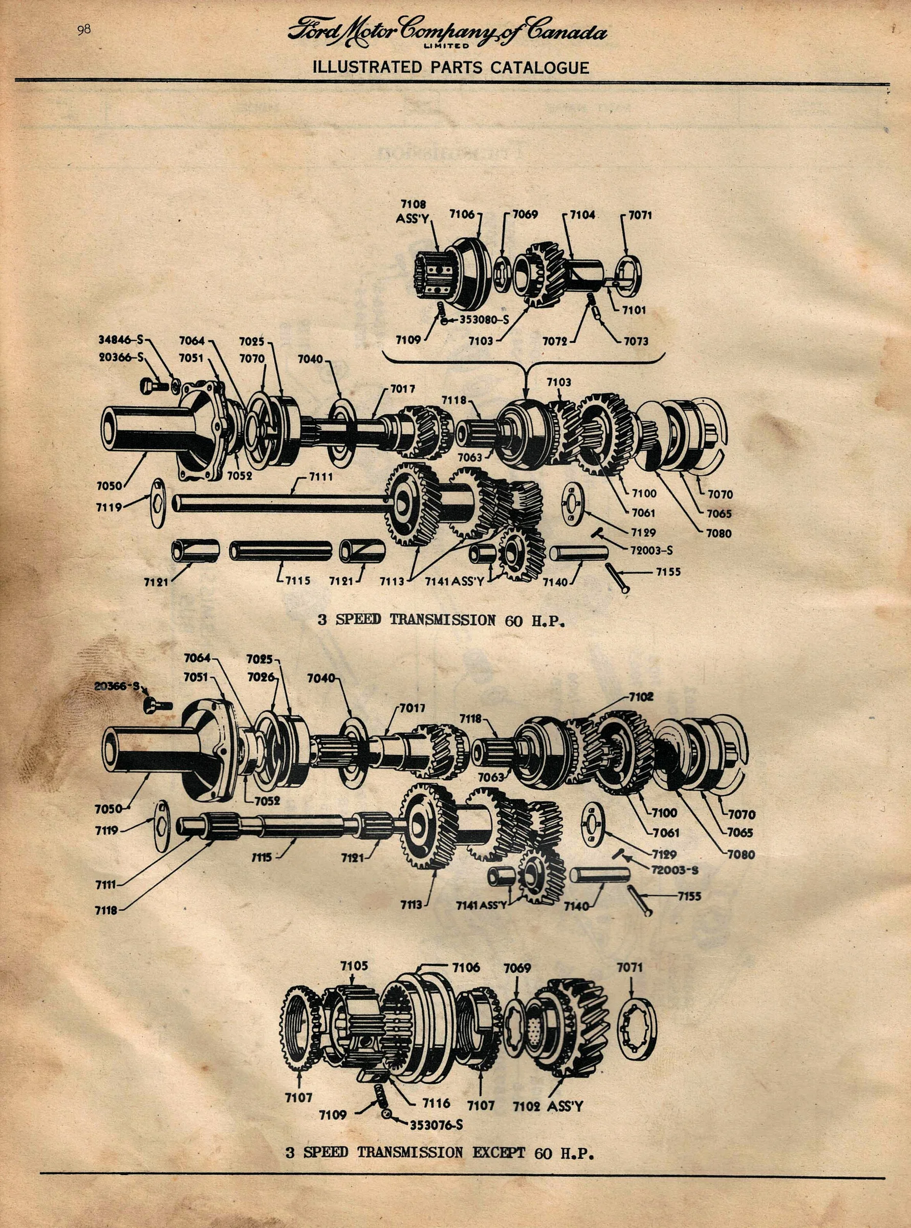 1938-up 3 Speed Gearbox exploded diagram