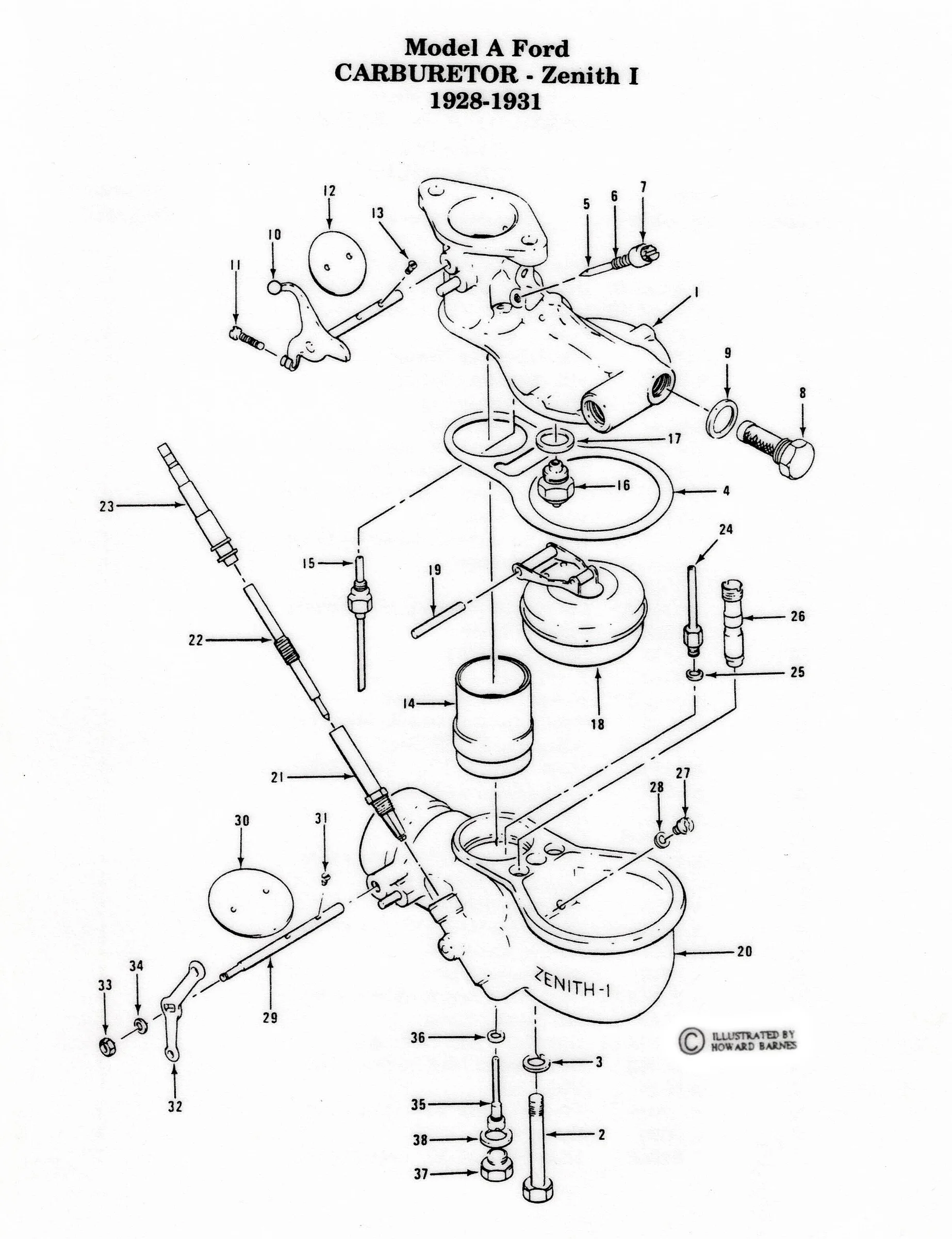 Model A Carburettor - Zenith I exploded diagram