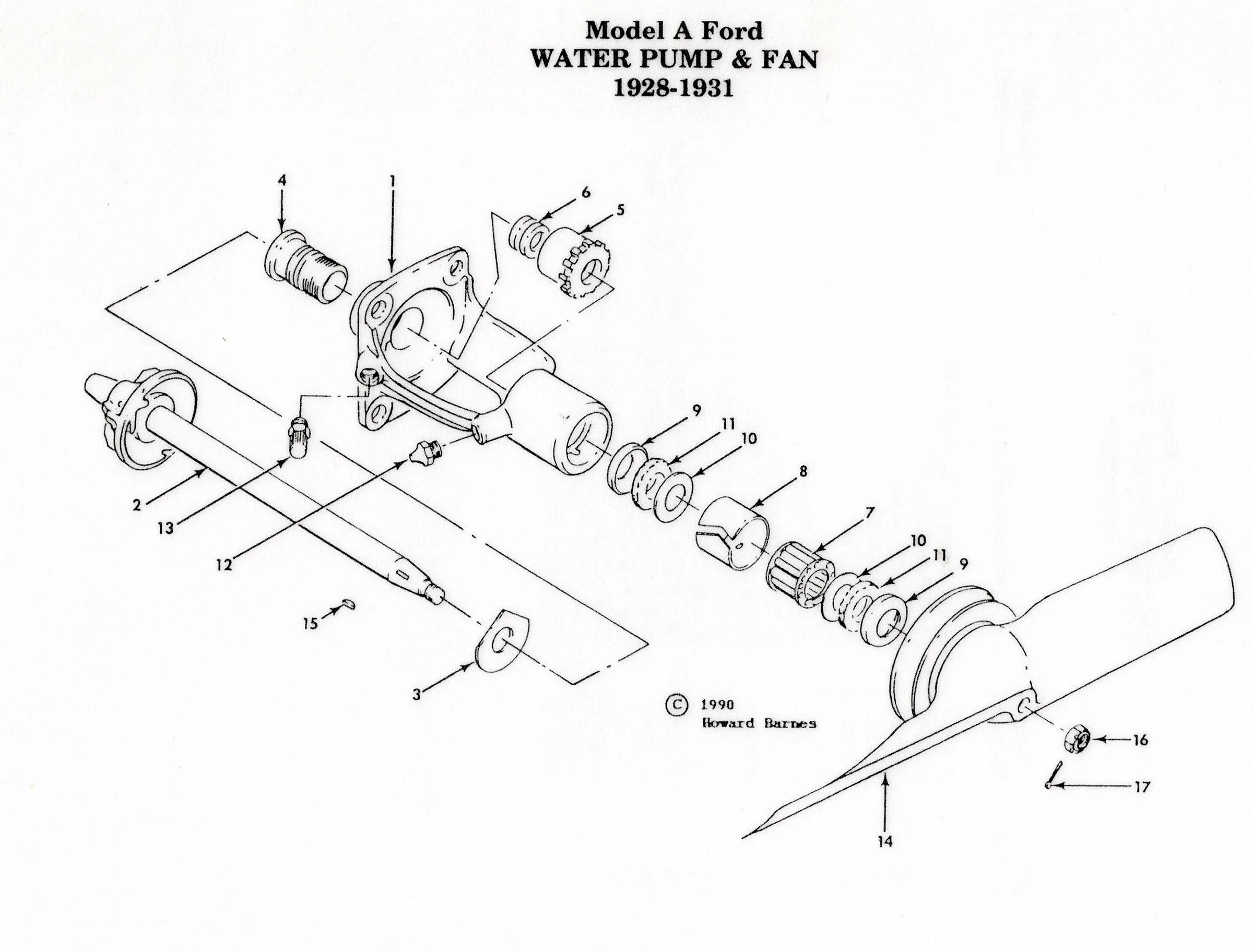 Model A Water Pump & Fan exploded diagram
