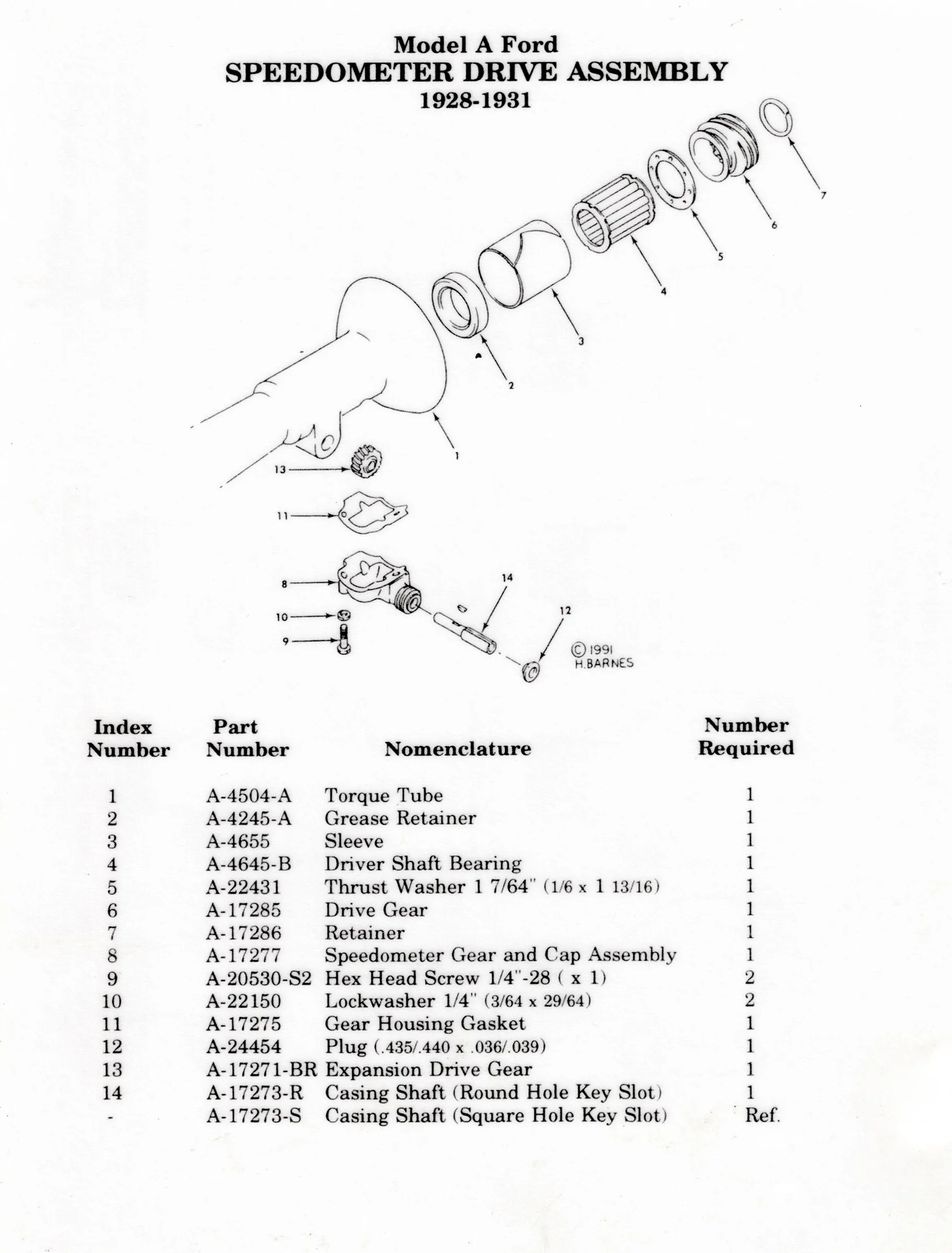 Model A Speedometer Drive Assembly exploded diagram