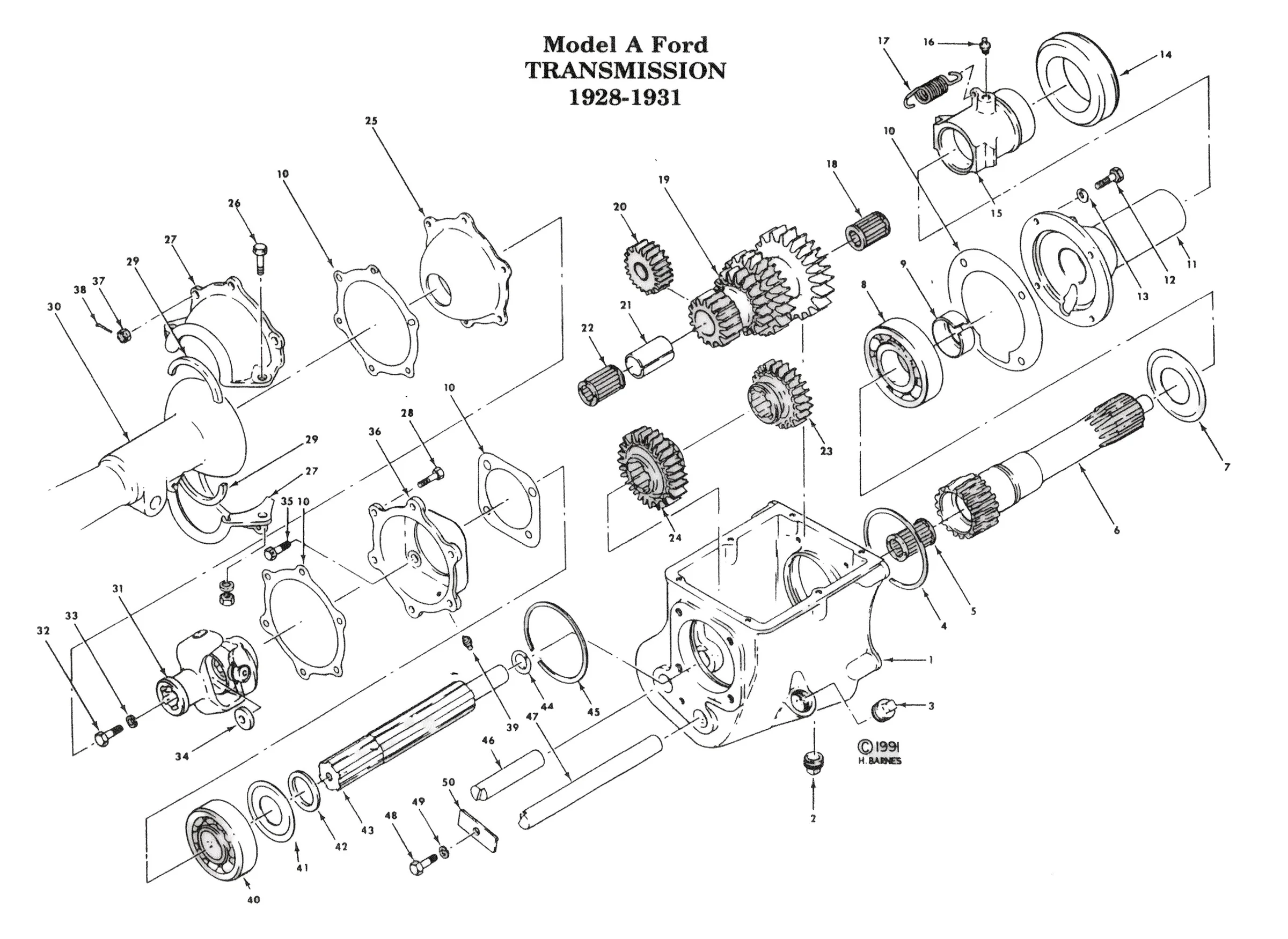 Model A Transmission exploded diagram