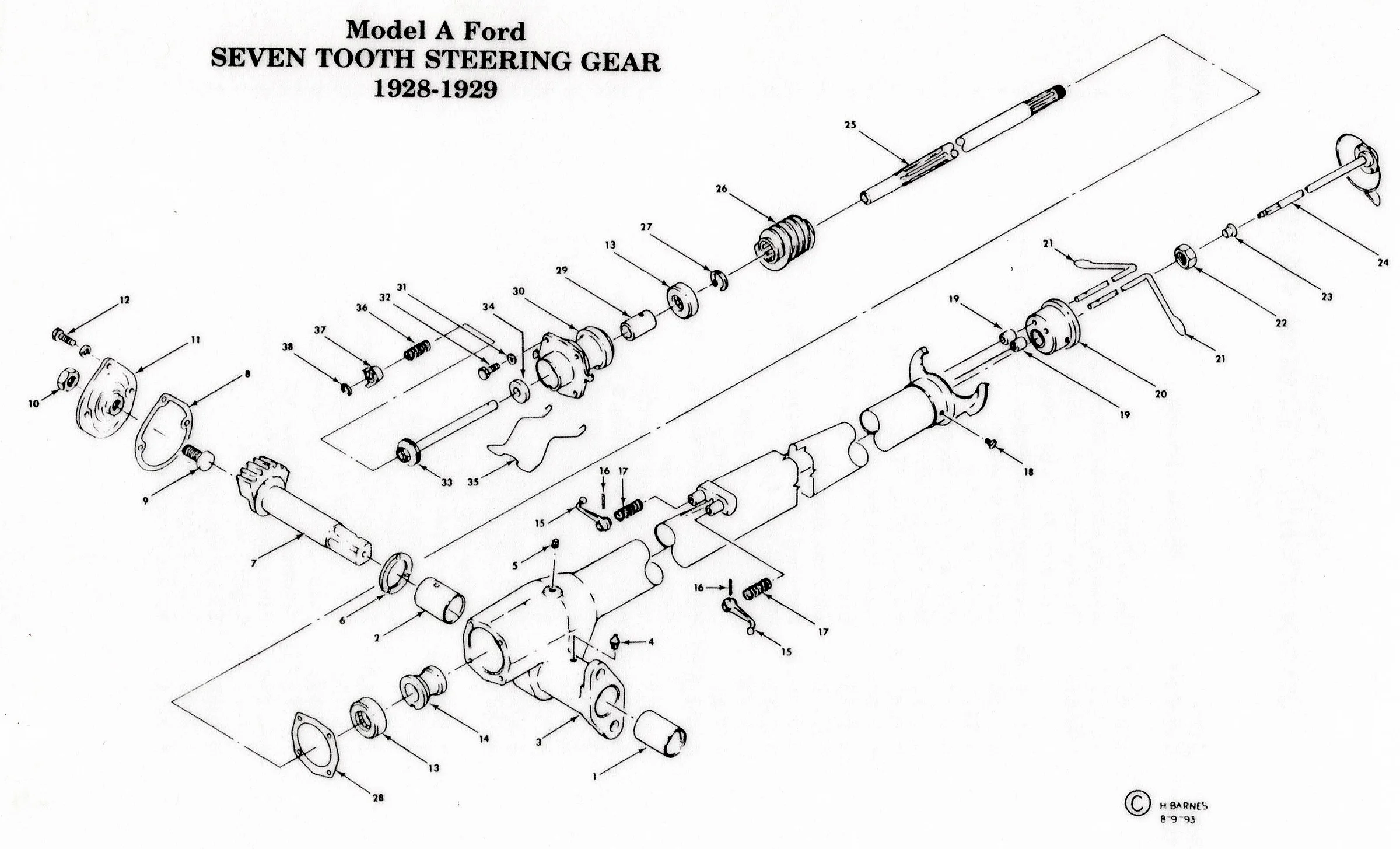 1928-29 Seven Tooth Steering Gear exploded diagram